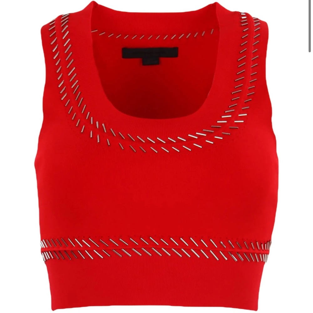 ALEXANDER WANG Top Womens XS Red Tank Crop Beaded Knit Ribbed Trim Fitted $495